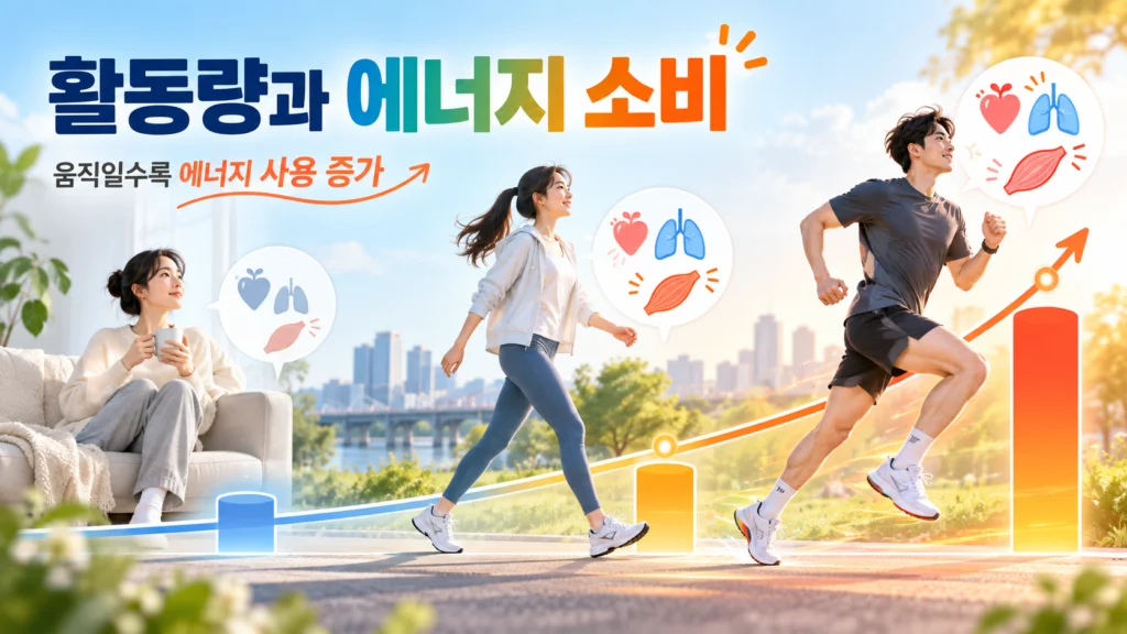 나이에 따른 인체 기능 변화와 함께 휴식 걷기 달리기 등 활동 강도와 시간이 달라질수록 근육과 심폐 기능의 에너지 사용량이 변하는 모습을 보여주는 가로형 교육 이미지