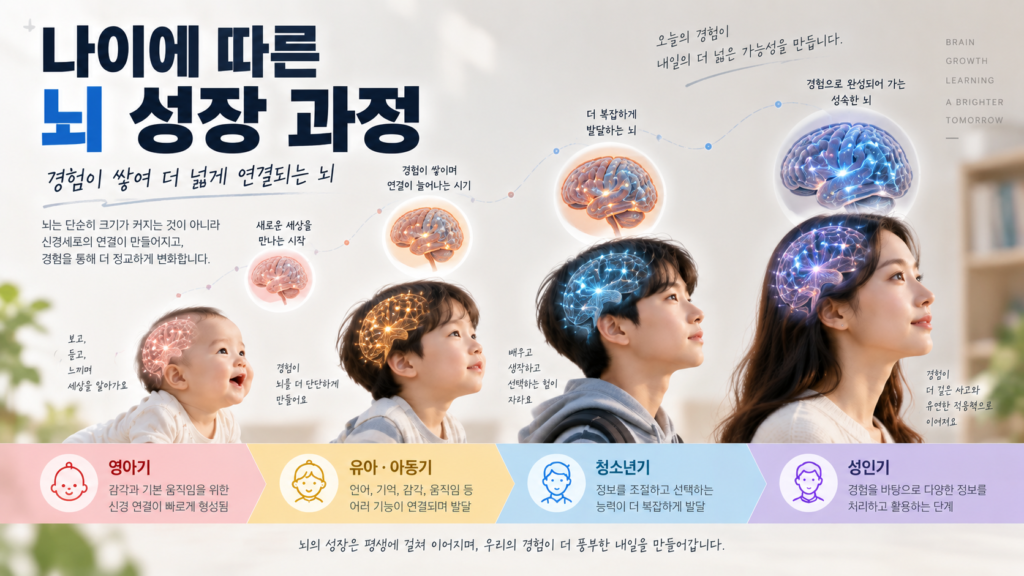 영아기부터 성인기까지 뇌의 신경 연결과 정보 처리 방식이 발달하는 과정을 표현한 이미지