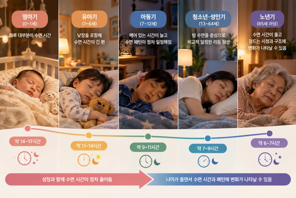 영유아기 아동기 청소년기 성인기의 수면 시간이 연령에 따라 달라지는 흐름을 비교해 보여주는 가로형 교육 이미지