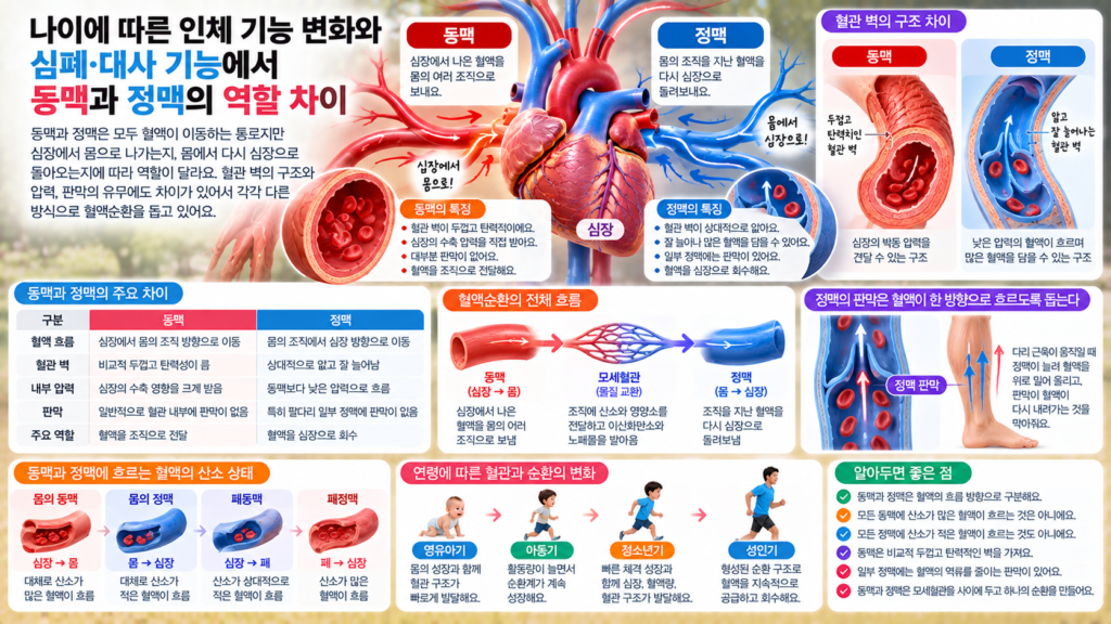 나이에 따른 인체 기능 변화와 함께 동맥은 심장에서 몸으로 혈액을 보내고 정맥은 몸에서 심장으로 혈액을 돌려보내며 혈관 벽과 판막 구조가 서로 다른 모습을 보여주는 가로형 교육 이미지