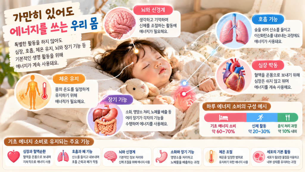 휴식 중에도 심장 박동 호흡 체온 유지 뇌와 장기 기능을 위해 에너지가 소비되는 모습을 보여주는 이미지