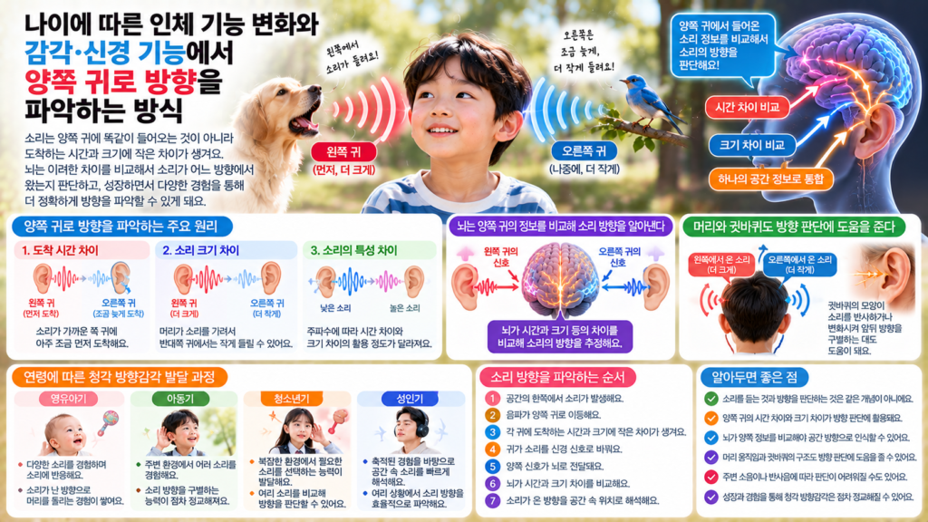 나이에 따른 인체 기능 변화와 함께 하나의 소리가 양쪽 귀에 서로 다른 시간과 크기로 도착하고 뇌가 그 차이를 비교해 소리 방향을 파악하는 과정을 보여주는 가로형 교육 이미지