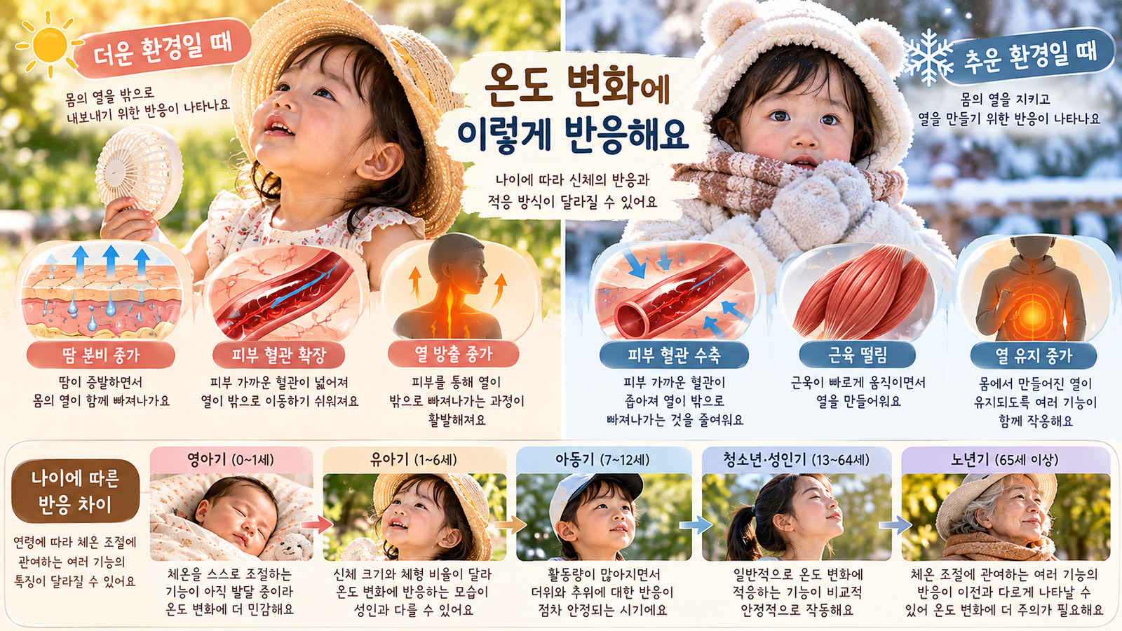 주변 온도가 달라질 때 몸이 열을 내보내거나 지키는 방향으로 반응하는 과정