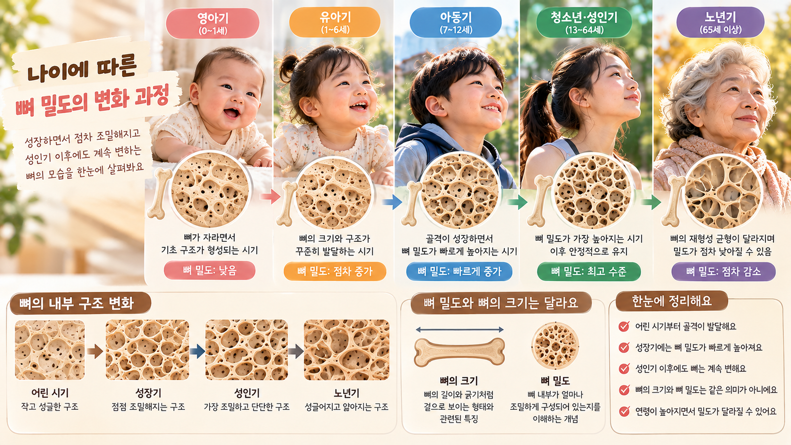 나이에 따른 인체 기능 변화에서 어린 시기부터 성인기 이후까지 뼈 밀도와 내부 구조가 변화하는 과정