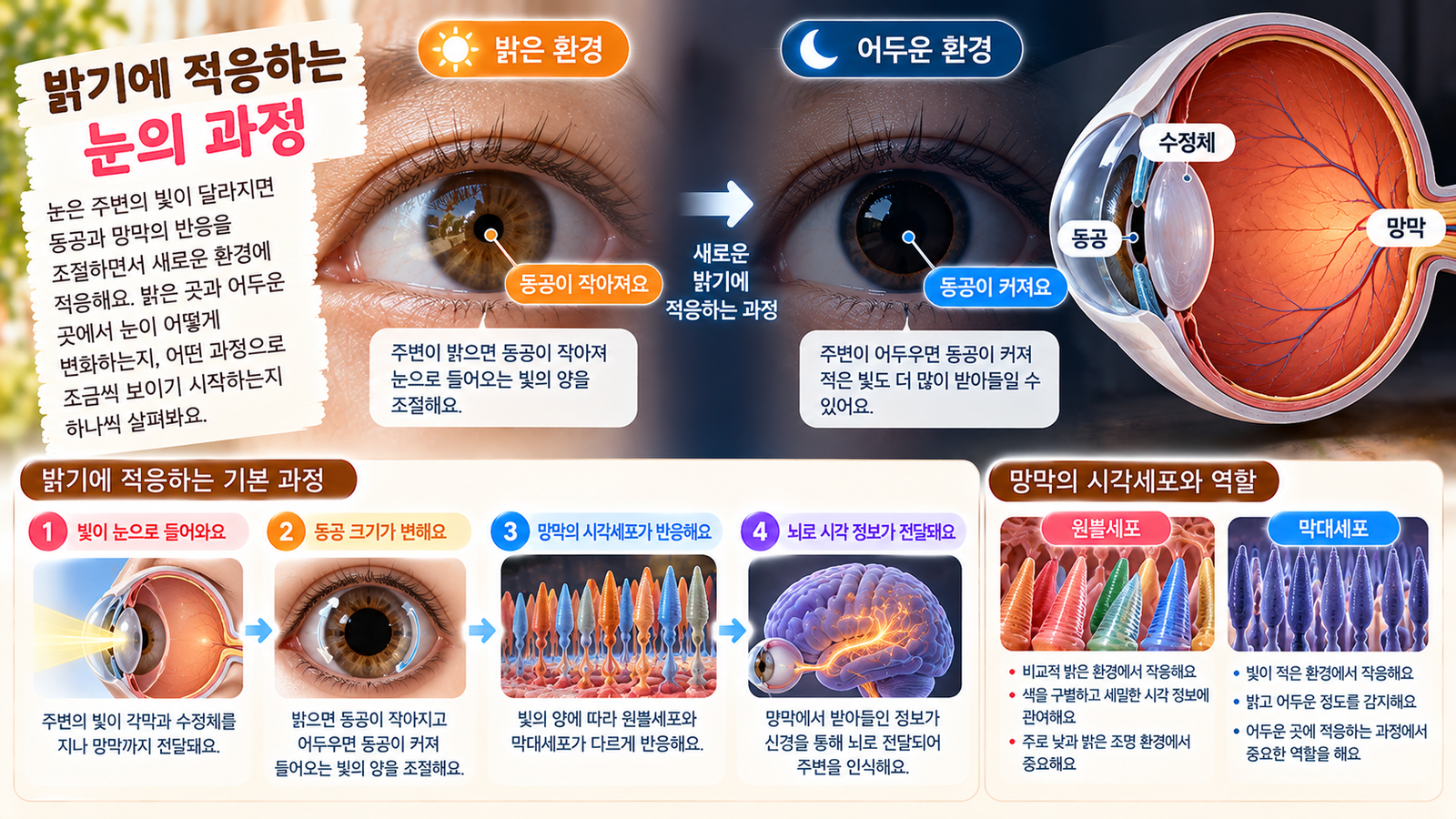 밝은 환경과 어두운 환경에서 동공 크기와 망막의 반응이 달라지며 눈이 밝기에 적응하는 과정을 보여주는 이미지