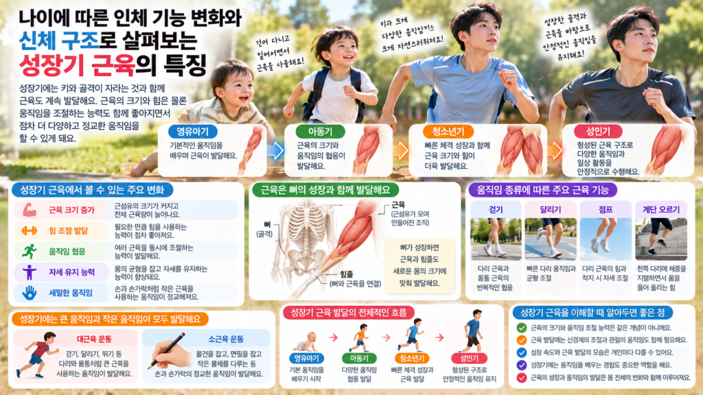 나이에 따른 인체 기능 변화와 함께 영유아기부터 청소년기까지 근육의 크기와 힘 그리고 움직임 조절 능력이 발달하는 흐름을 보여주는 가로형 교육 이미지