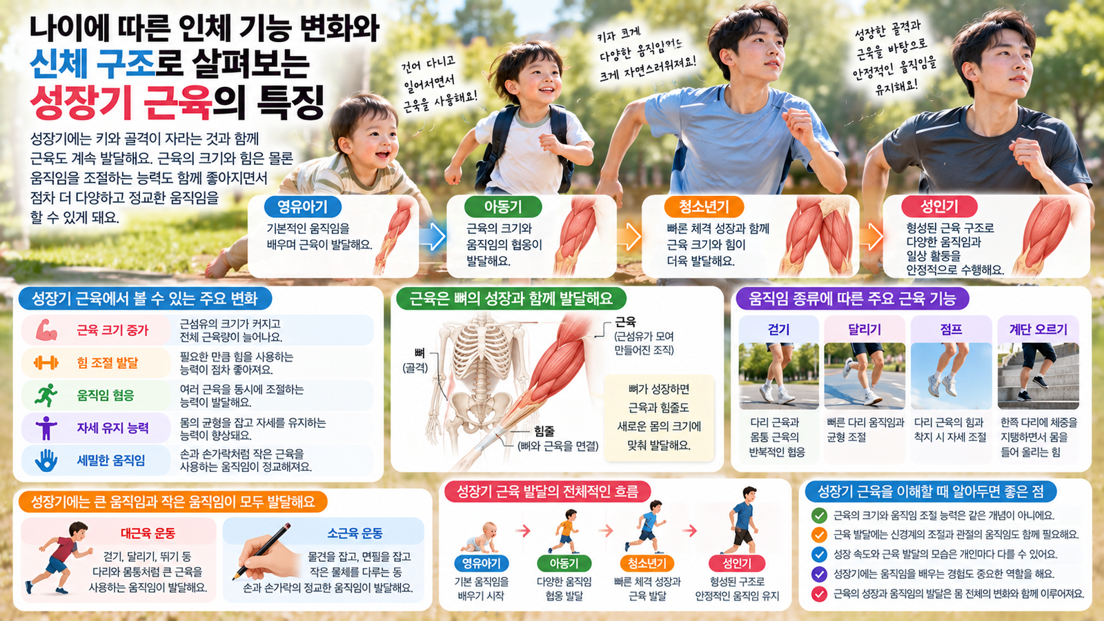나이에 따른 인체 기능 변화와 함께 영유아기부터 청소년기까지 근육의 크기와 힘 그리고 움직임 조절 능력이 발달하는 흐름을 보여주는 가로형 교육 이미지