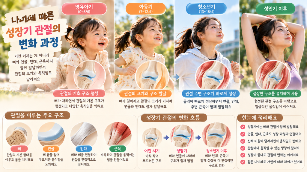 나이에 따른 인체 기능 변화에서 어린 시기부터 청소년기까지 뼈 연골 인대와 주변 근육이 함께 발달하는 성장기 관절의 특징