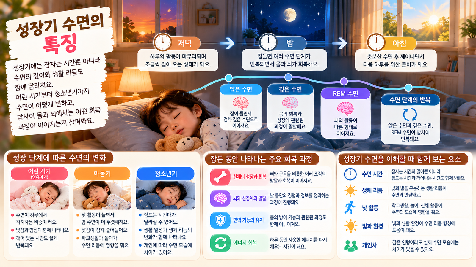 어린 시기부터 청소년기까지 성장하면서 밤 수면과 낮 활동의 리듬이 달라지는 모습을 보여주는 이미지