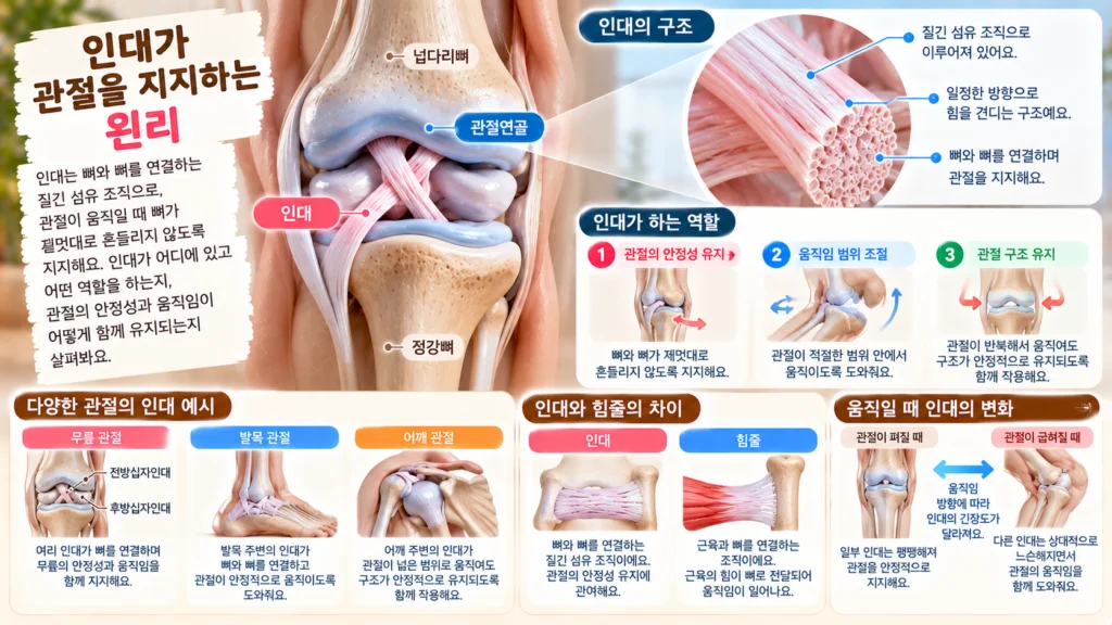 뼈와 뼈 사이를 연결하는 인대가 관절 주변을 잡아주며 움직임의 범위를 안정적으로 유지하는 모습을 보여주는 가로형 교육 이미지