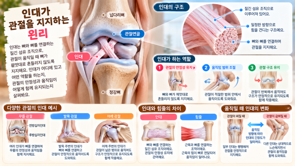 무릎 관절에서 인대가 뼈와 뼈를 연결하며 관절을 안정적으로 지지하는 구조를 보여주는 이미지