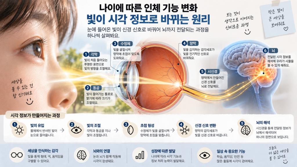 나이에 따른 인체 기능 변화와 함께 빛이 각막과 수정체를 지나 망막에서 신경 신호로 바뀌고 뇌까지 전달되는 과정을 보여주는 가로형 교육 이미지