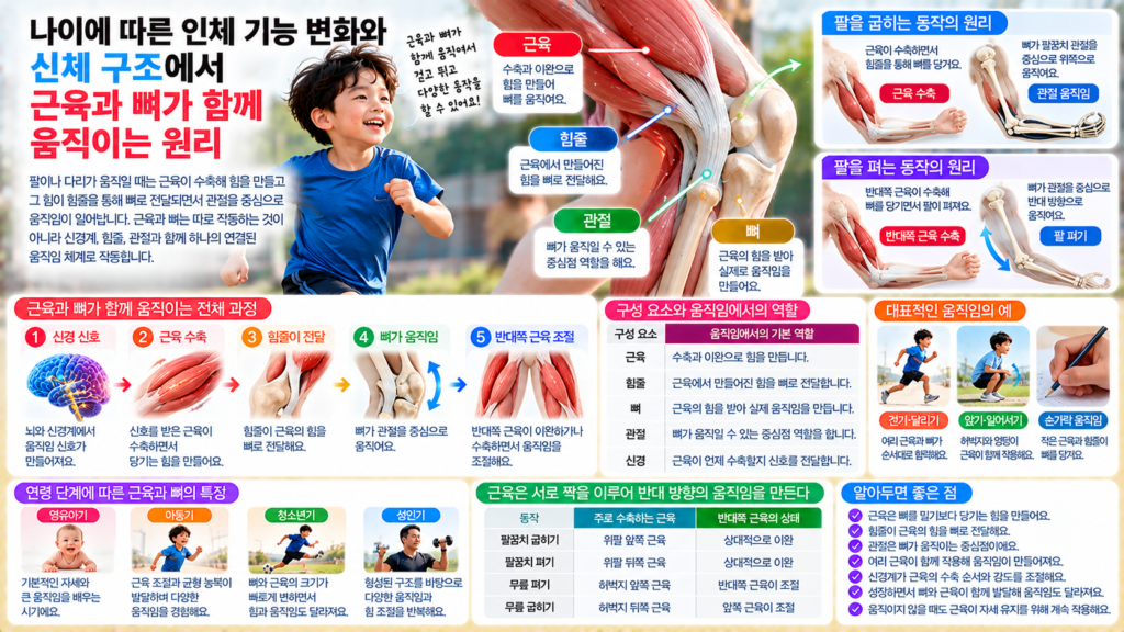 나이에 따른 인체 기능 변화와 함께 근육이 수축해 힘줄을 통해 뼈를 당기고 관절을 중심으로 팔과 다리가 움직이는 원리를 보여주는 가로형 교육 이미지