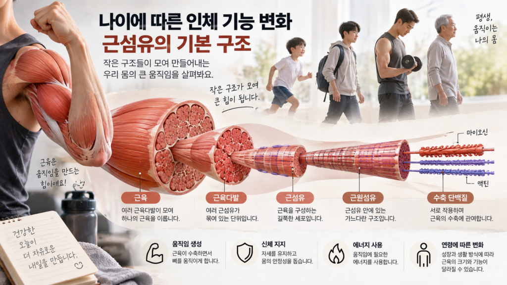 나이에 따른 인체 기능 변화와 함께 근육다발에서 근섬유와 근원섬유까지 이어지는 근육 내부 구조를 보여주는 가로형 교육 이미지