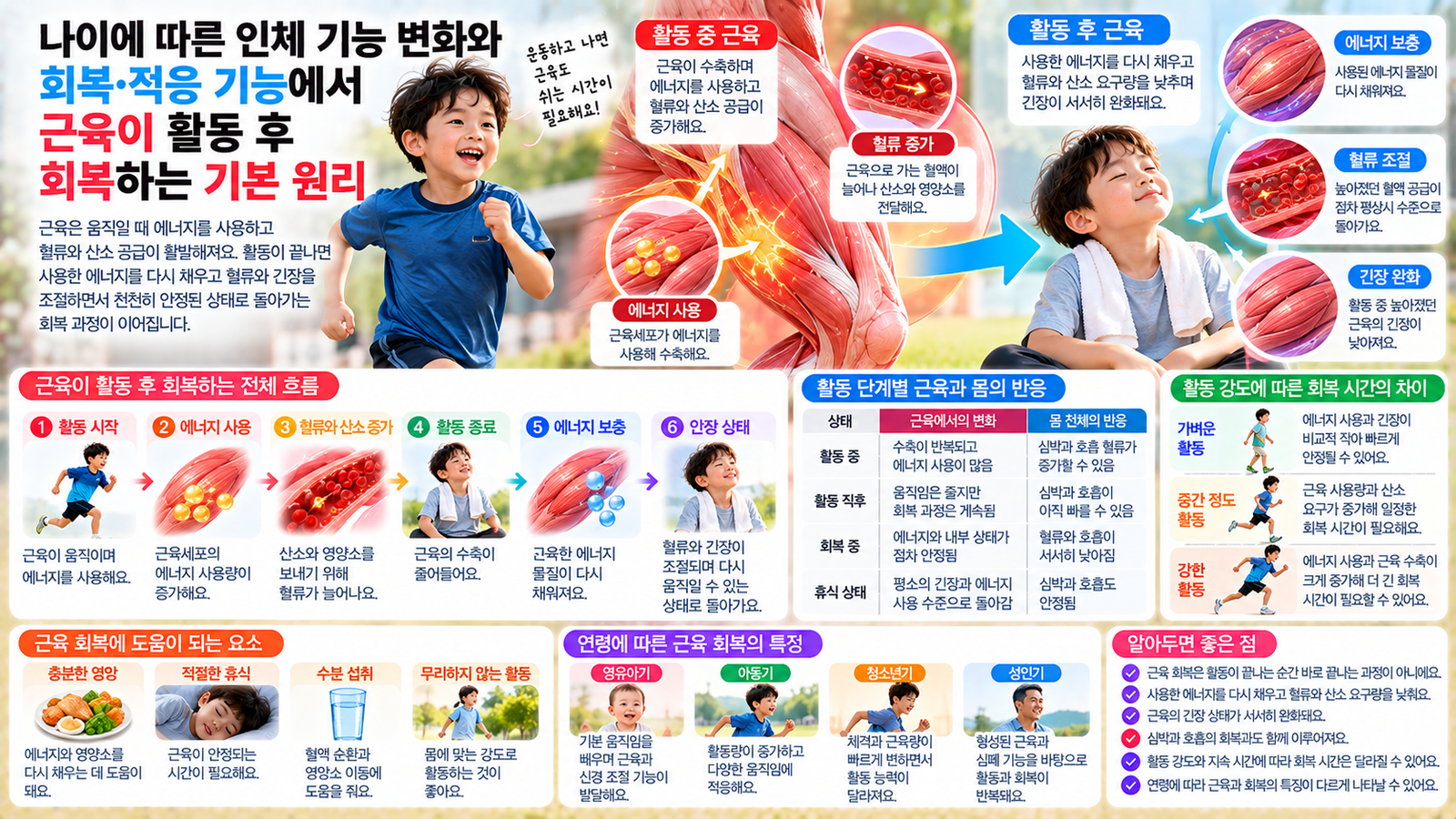 나이에 따른 인체 기능 변화와 함께 활동 중 에너지를 사용한 근육이 휴식하면서 혈류와 산소 요구량을 낮추고 다시 안정된 상태로 돌아오는 과정을 보여주는 가로형 교육 이미지