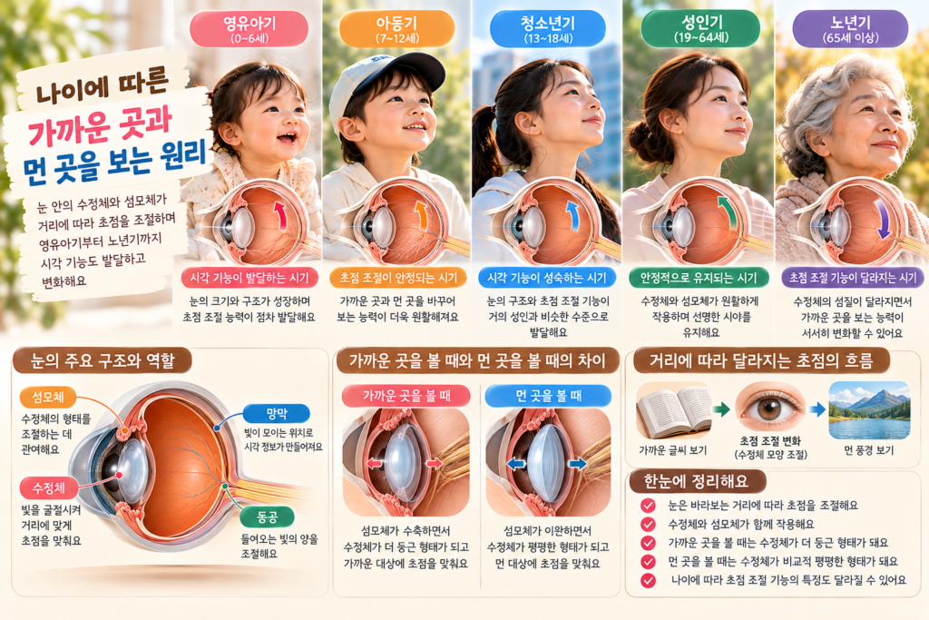 가까운 곳과 먼 곳을 바라볼 때 수정체와 섬모체가 초점을 조절하는 차이를 보여주는 이미지