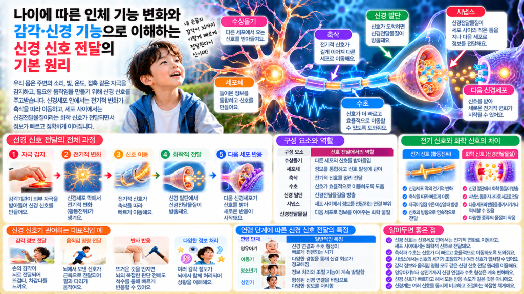 나이에 따른 인체 기능 변화와 함께 신경세포 안에서 전기적 신호가 축삭을 따라 이동하고 시냅스에서 신경전달물질을 통해 다음 세포로 전달되는 과정을 보여주는 가로형 교육 이미지