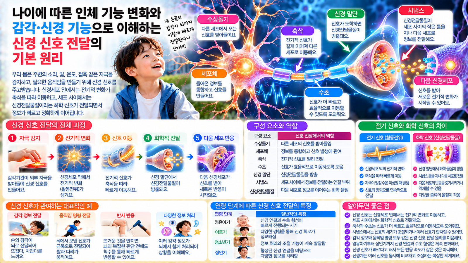 나이에 따른 인체 기능 변화와 함께 신경세포 안에서 전기적 신호가 축삭을 따라 이동하고 시냅스에서 신경전달물질을 통해 다음 세포로 전달되는 과정을 보여주는 가로형 교육 이미지