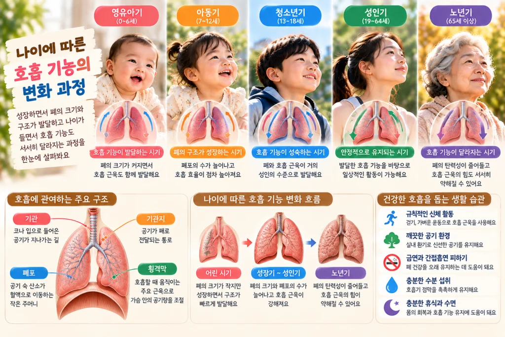 코와 입으로 들어온 산소가 기관과 기관지를 지나 폐포에 도달한 뒤 혈액으로 이동하는 순서를 보여주는 가로형 교육 이미지