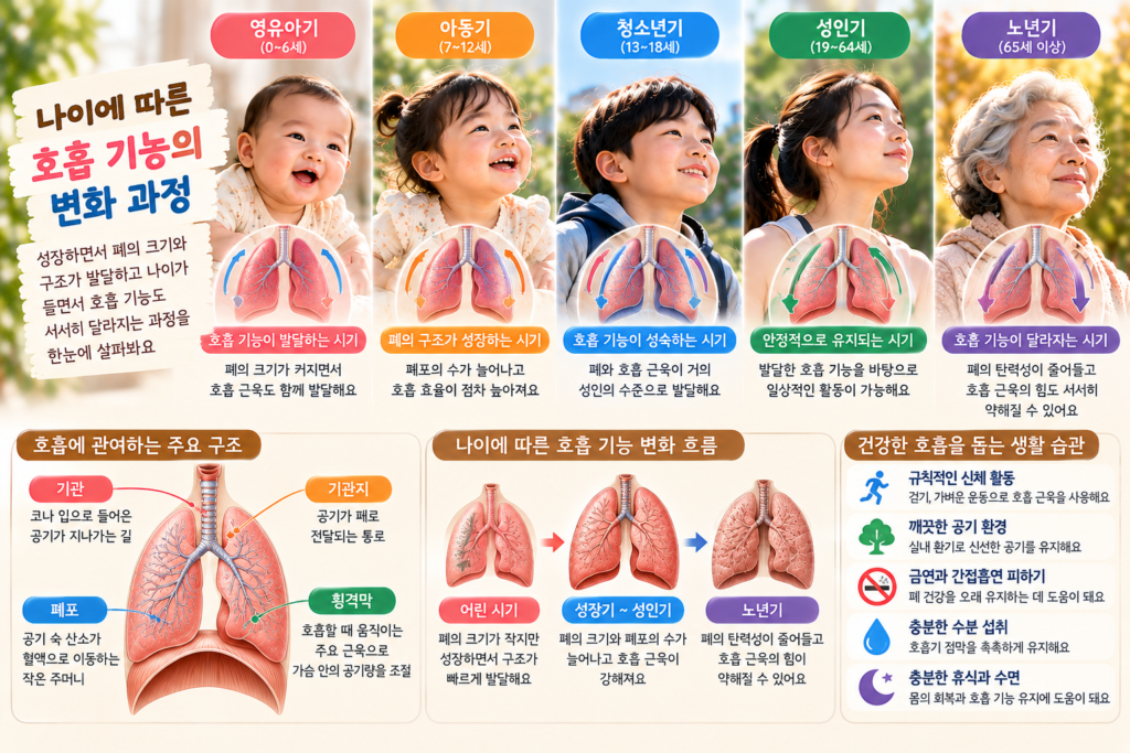 코와 기도를 통해 들어온 산소가 기관지와 폐포를 거쳐 혈액으로 이동하는 순서를 보여주는 이미지