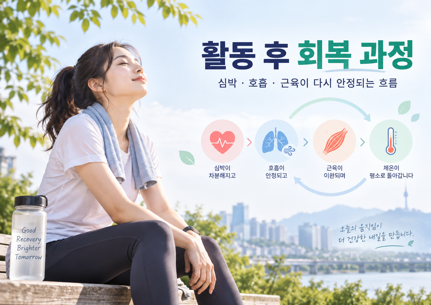 활동 후 심박과 호흡 근육 상태가 점차 안정되며 몸이 회복되는 과정을 보여주는 가로형 교육 이미지