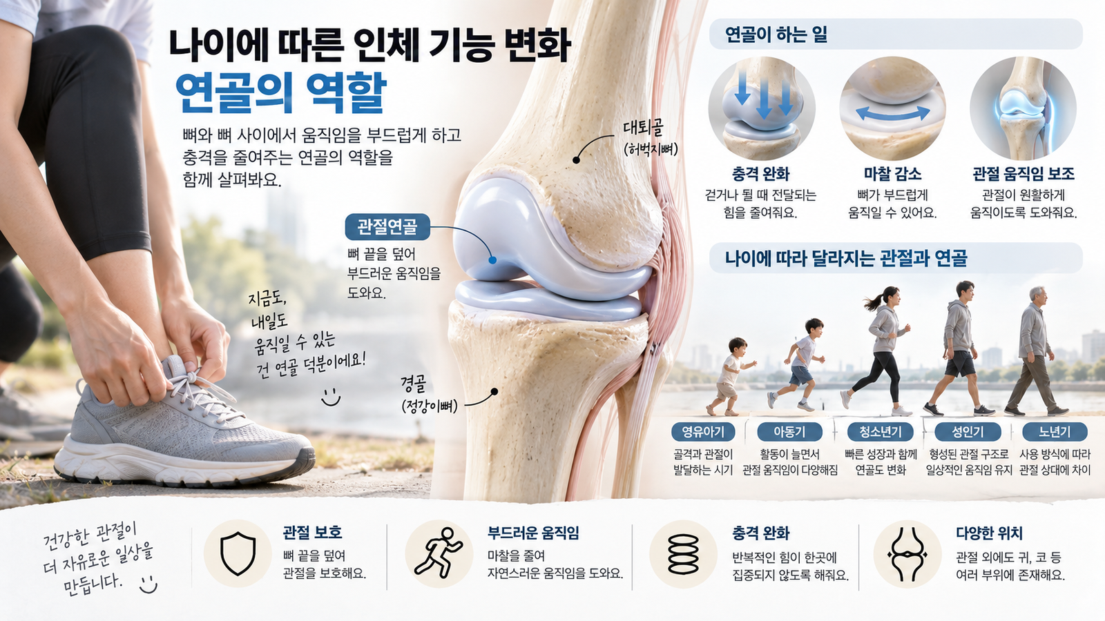 나이에 따른 인체 기능 변화와 함께 관절의 뼈 끝을 덮은 연골이 충격을 줄이고 움직임을 부드럽게 돕는 모습을 보여주는 가로형 교육 이미지