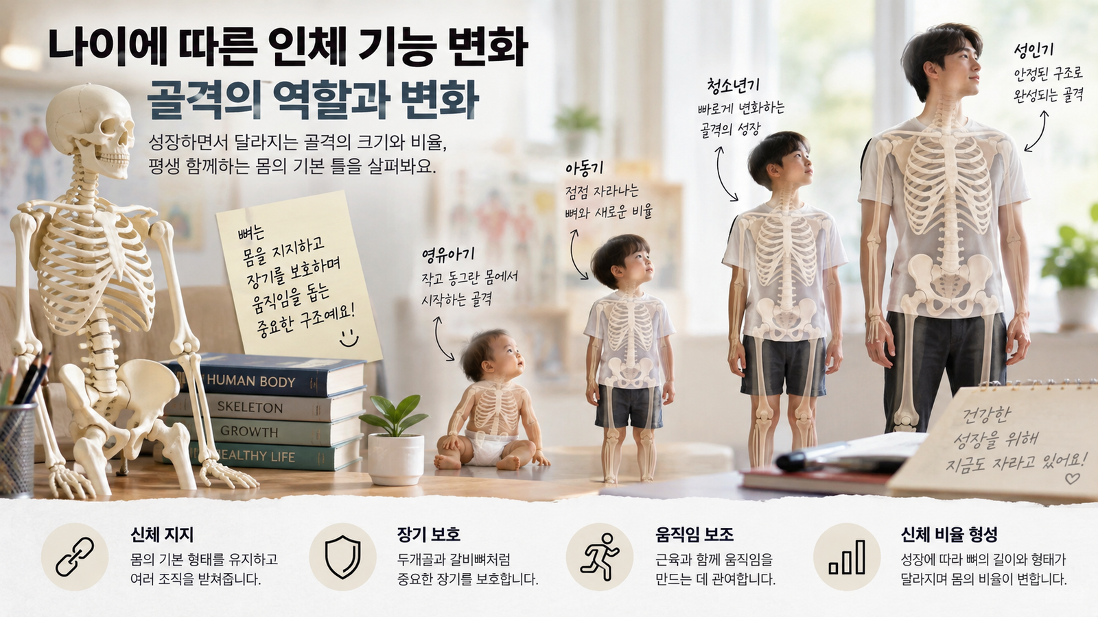 성장에 따라 골격의 크기와 신체 비율이 달라지고 몸을 지지하고 보호하며 움직임을 돕는 역할을 보여주는 가로형 교육 이미지