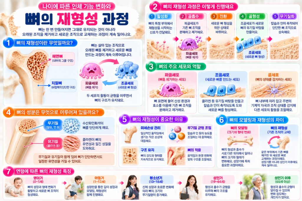 파골세포가 오래된 뼈 조직을 제거하고 조골세포가 새로운 뼈를 형성하는 재형성 과정과 골세포의 역할, 뼈의 구조 및 연령별 변화를 설명한 인포그래픽