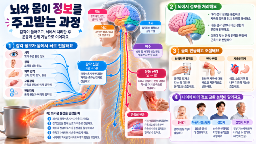 뇌와 척수, 말초신경을 중심으로 감각 정보가 몸에서 뇌로 전달되고 운동 명령이 다시 근육으로 전달되는 과정을 파란색과 빨간색 화살표로 설명한 인포그래픽