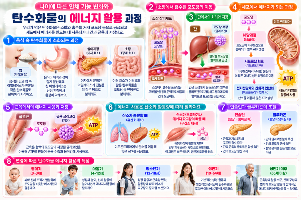 탄수화물이 소화기관에서 분해되어 소장에서 흡수되고 간과 근육으로 이동한 뒤 포도당이 ATP 생산과 글리코겐 저장에 활용되는 과정을 설명한 인포그래픽