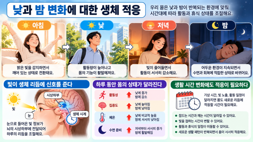 아침 낮 저녁 밤으로 주변 밝기가 달라지면서 몸의 활동과 휴식 상태가 하루 생체 리듬에 맞춰 변화하는 과정을 보여주는 가로형 교육 이미지