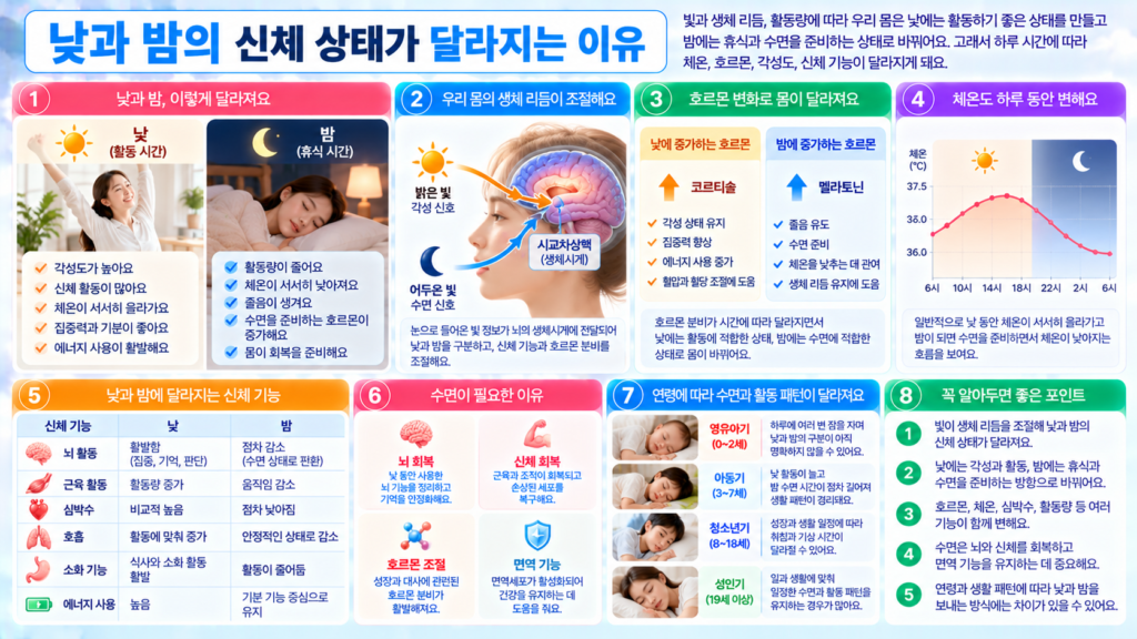 낮에는 밝은 빛과 활동에 맞춰 각성도와 신체 활동이 높아지고 밤에는 어두운 환경과 생체 리듬에 따라 체온과 활동량이 달라지며 수면을 준비하는 과정을 보여주는 가로형 교육 이미지