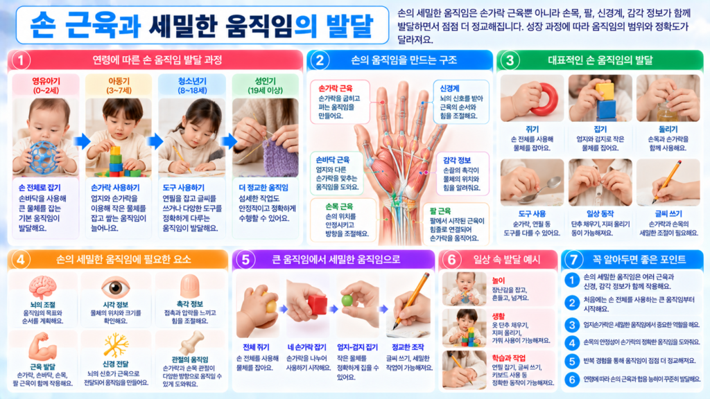 영유아기부터 성인기까지 손 전체로 물건을 잡는 움직임에서 엄지와 손가락을 이용해 작은 물체를 집고 글씨를 쓰는 세밀한 움직임으로 발달하는 과정을 보여주는 가로형 교육 이미지