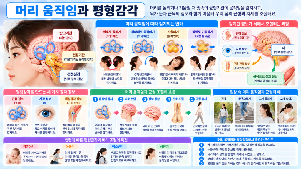 머리를 돌리거나 기울일 때 귓속 반고리관과 전정기관이 움직임을 감지하고 전정신경을 통해 뇌로 전달한 뒤 눈과 몸통 근육이 자세와 시선을 조절하는 과정을 보여주는 가로형 교육 이미지