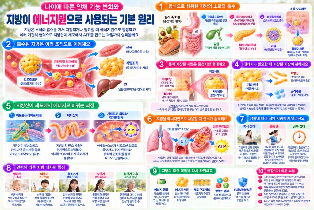 음식으로 섭취한 지방의 소화와 흡수, 지방조직의 중성지방 저장, 지방분해와 지방산 운반, 미토콘드리아의 베타산화 및 ATP 생성 과정과 연령별 지방 대사 특징을 설명한 인포그래픽