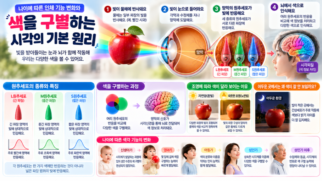 빛이 눈에 들어와 망막의 세 종류 원추세포에 반응하고 뇌에서 색 정보로 처리되는 과정을 설명한 이미지