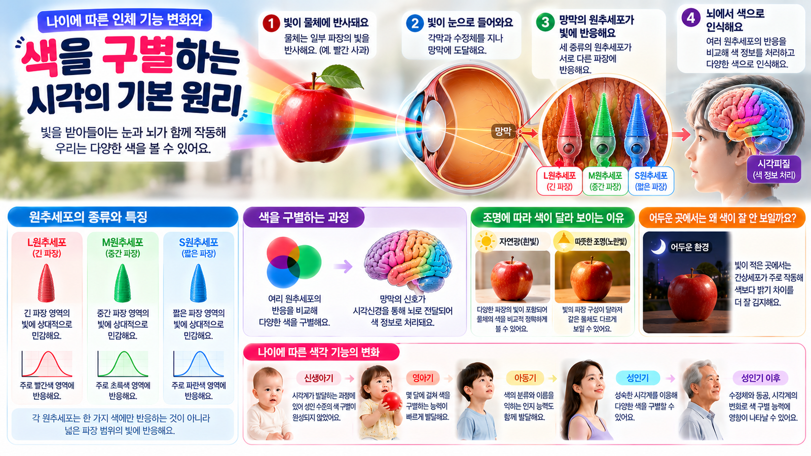 빛이 눈에 들어와 망막의 세 종류 원추세포에 반응하고 뇌에서 색 정보로 처리되는 과정을 설명한 이미지
