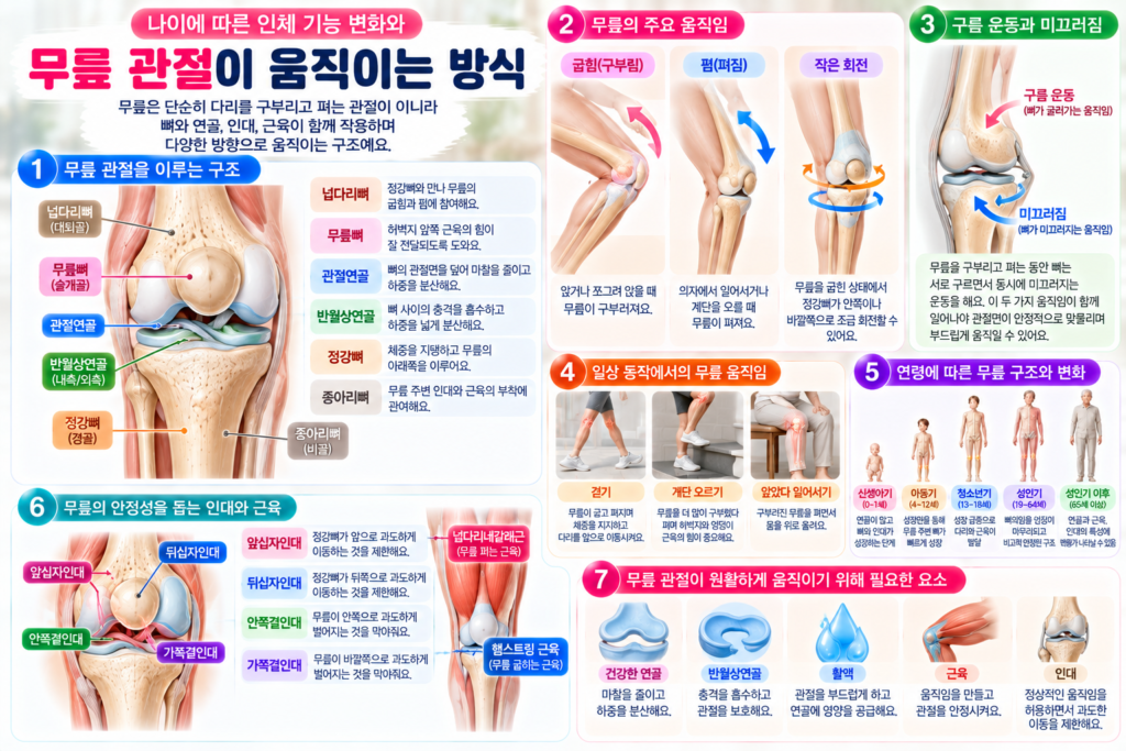 무릎 관절의 넙다리뼈와 정강뼈, 무릎뼈 구조를 중심으로 굽힘과 폄, 구름 운동과 미끄러짐, 작은 회전 움직임을 설명한 인포그래픽