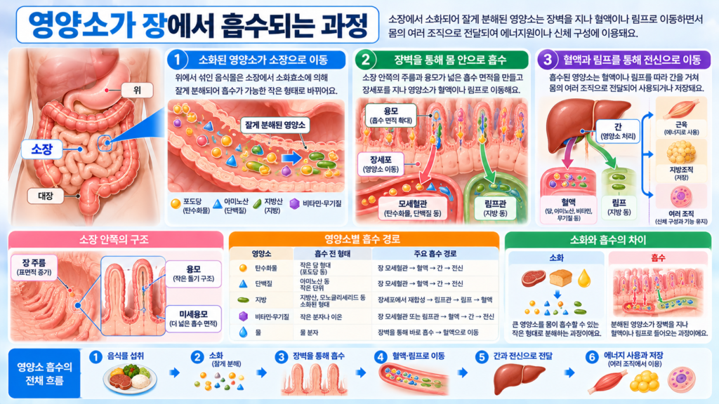 소장 안쪽의 융모와 장세포를 통해 탄수화물과 단백질 성분은 모세혈관으로 이동하고 일부 지방 성분은 림프관으로 흡수되는 과정을 보여주는 가로형 교육 이미지