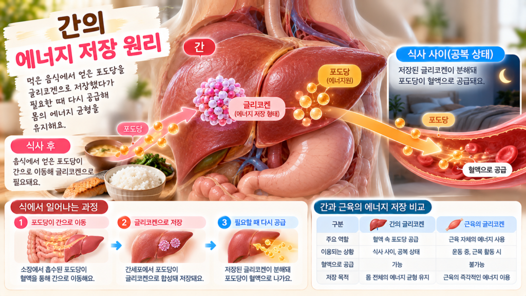 간에서 포도당이 글리코겐으로 저장되고 필요할 때 다시 분해되어 혈액으로 공급되는 과정을 표현한 이미지