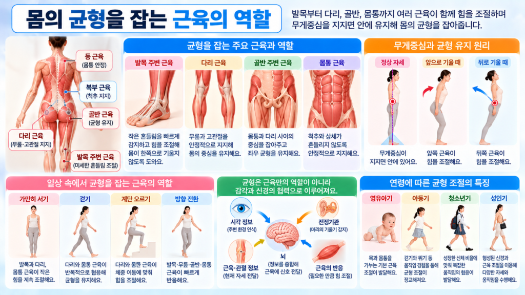 발목 다리 골반 몸통 주변 근육이 몸의 흔들림에 맞춰 힘을 조절하면서 무게중심을 지지면 안에 유지하고 균형을 잡는 과정을 보여주는 가로형 교육 이미지