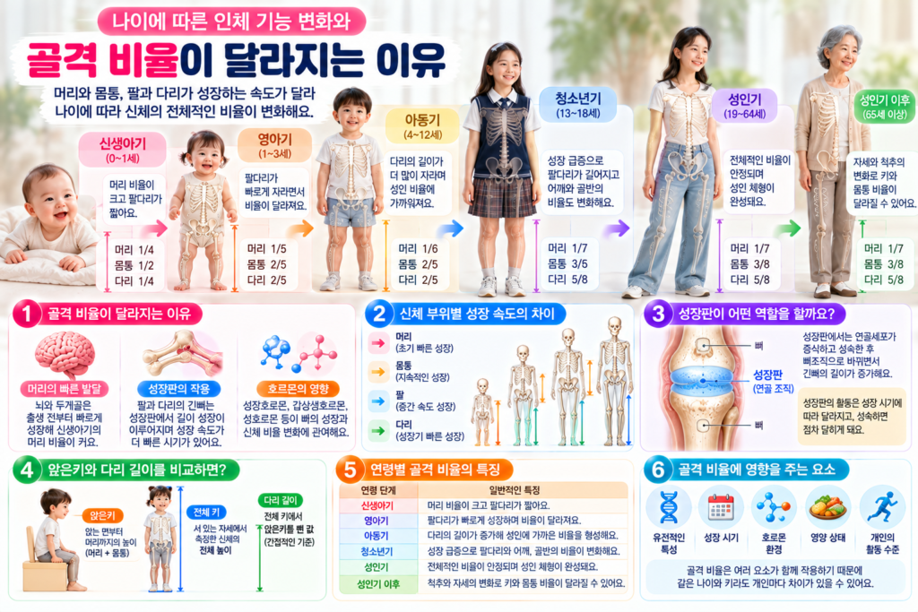 신생아기부터 노년기까지 머리와 몸통, 팔과 다리의 골격 비율이 달라지는 모습과 성장판의 역할, 신체 부위별 성장 속도 차이를 설명한 인포그래픽