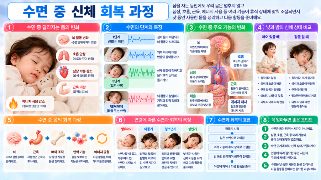 잠을 자는 동안 신체 활동이 줄어들고 심장 박동과 호흡 에너지 사용 체온과 근육 상태가 수면 단계에 맞춰 달라지면서 몸이 휴식하는 과정을 보여주는 가로형 교육 이미지