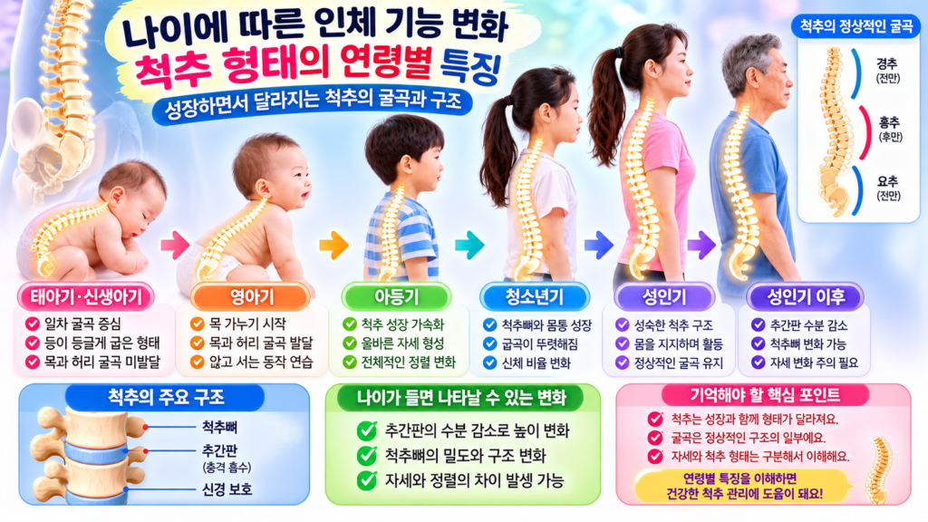 신생아부터 영아기와 성장기, 성인기 이후까지 척추의 굴곡이 발달하고 변화하는 모습을 연령별로 비교한 이미지